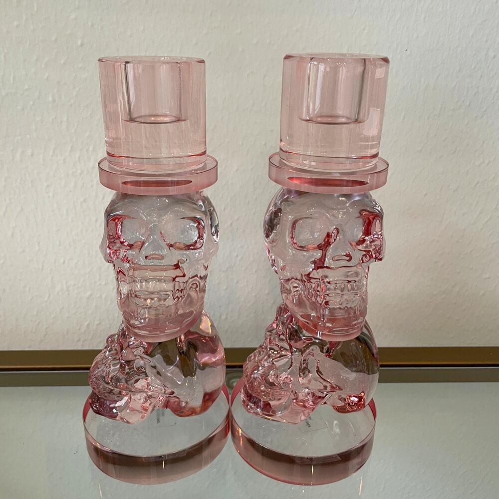 (2) Christian Lacroix Pink Glass Skull Candle Holders Chic Halloween Decor NEW